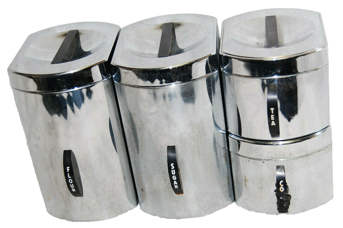 Kromex Mid-Century Modern Canister Set Flour, Sugar, Coffee, Tea