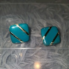 Blue Gold Diagonal Stripe Square Stud Earrings Metal Enamel Butterfly