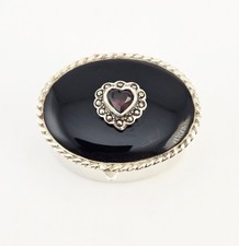 VTG Sterling Silver Black Onyx Heart Garnet Pill Box Locket Container - 19.3g