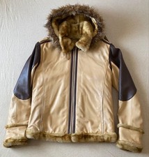 AVIREX B-3 Bomber Jacket Detachable Hood Sheepskin Leather Beige Size L
