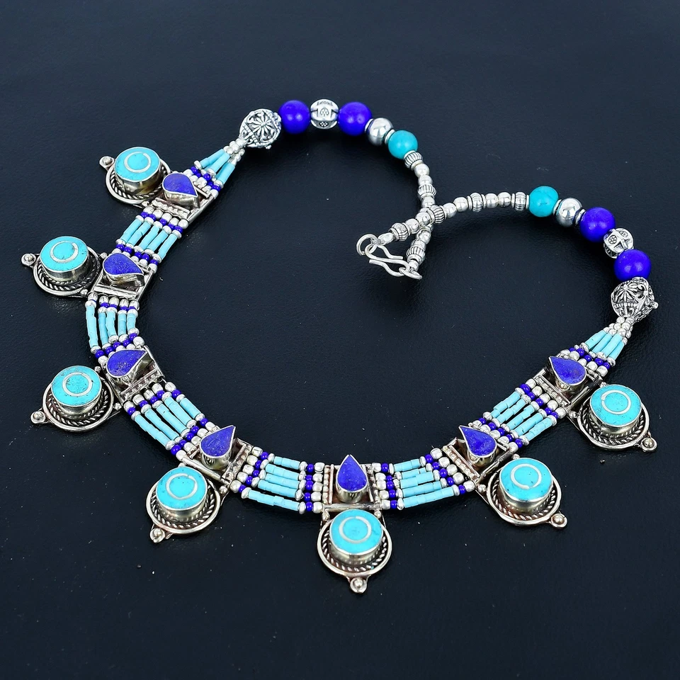 Turquoise Lapis Lazuli Ethnic 925 Sterling Silver Tibetan Nepali Necklace 18" i7 - Image 3 of 4