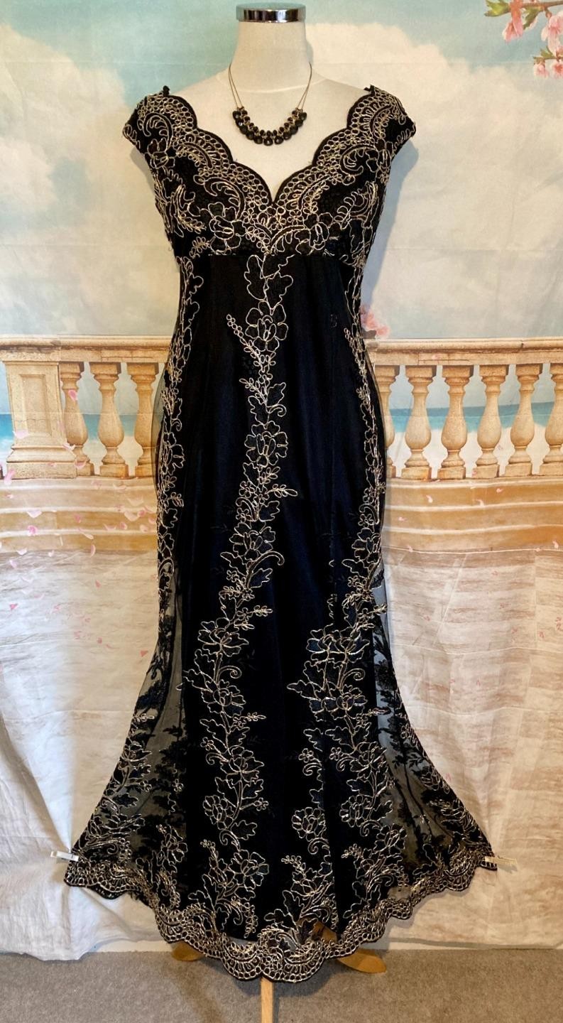 Maxi Evening Dress 12 Black Gold Quiz Ballgown Stretch Bardot Fishtail Lace Prom