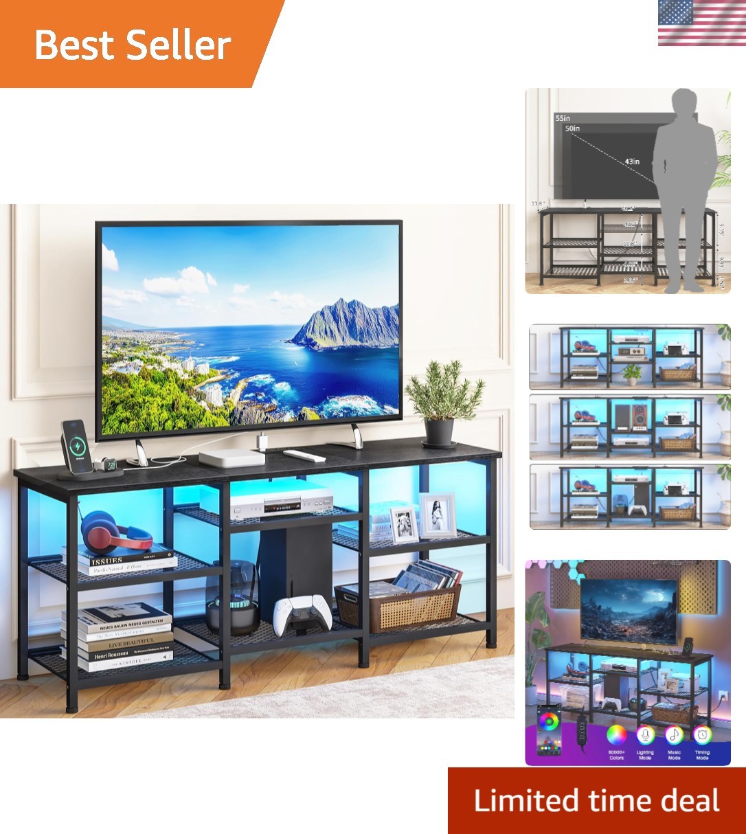 Elegant Entertainment Center for 55-Inch TVs with Adjustable Shelves & USB Ports