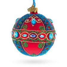 Blue Gem Accents and Gold Swirls on Red Glass Ball Ornament 3.25 Inches