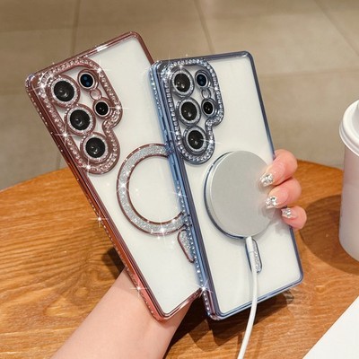 For Samsung A14/A15/A55/A56 Pating Bling Glitter Diamond Magnetic Clear Case 