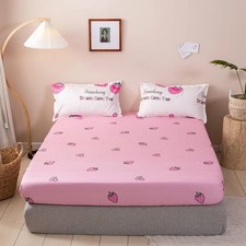 Girls Fitted Sheet King Size Cute Strawberry Bedding Set for King, Pink White