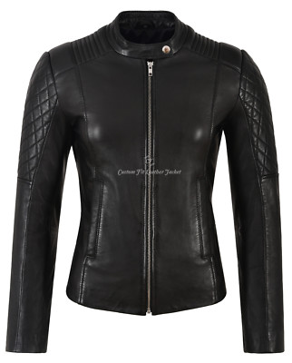 Damen Leder Biker Jacke Rautenform gesteppte Ärmel Arbeit schwarz tailliert 9565