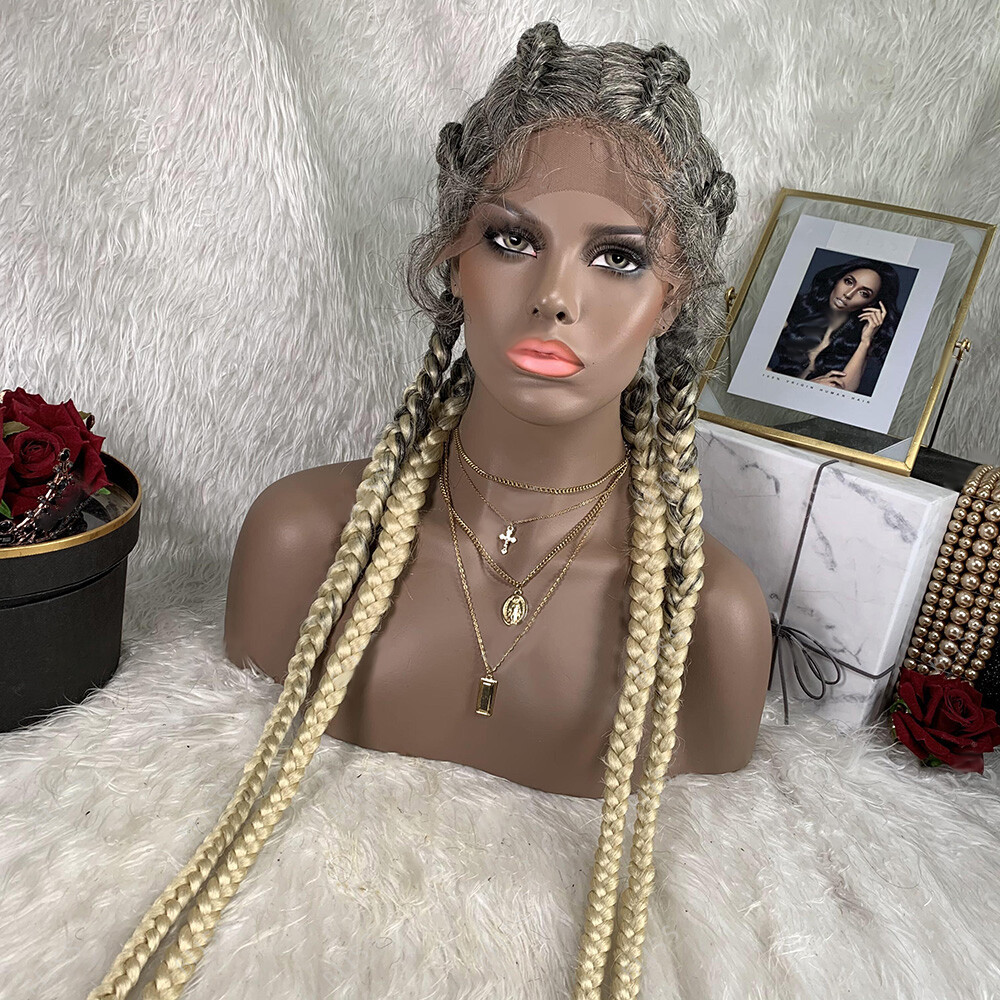 Ombre Grey /Blonde Synthetic Braid Lace Front Wigs Baby Hair 