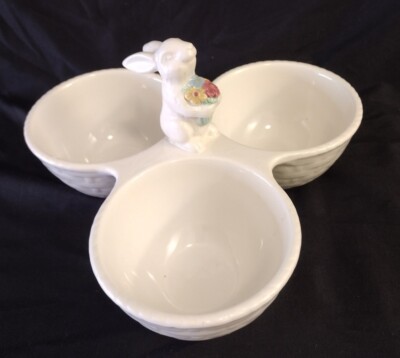 PIER 1 One Easter Bunny Basket  Porcelain Three Bowl Candy Dish Condiment Bowl