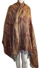 Estate Huge 50x78 Woven Rayon Rich Art-Wear Copper Gold Paisley Shawl Wrap Scarf