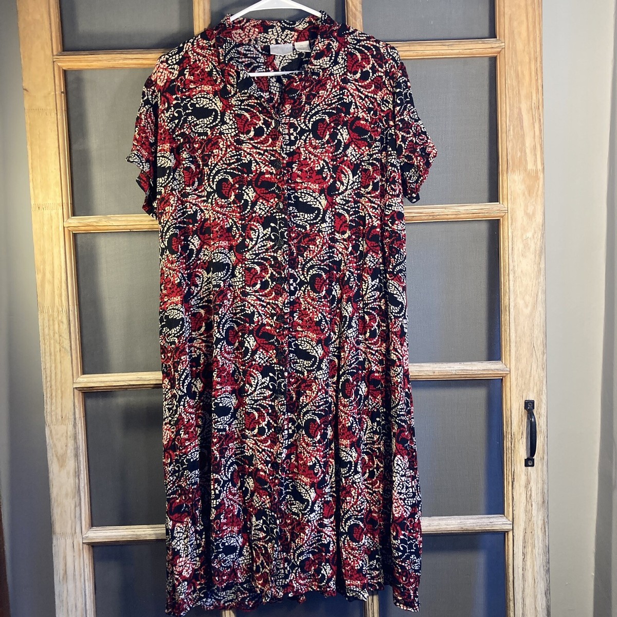 erika midi dress Vintage Erika MIDI Dress Rayon SS Button Front Black Red Tan Size Petite  Large