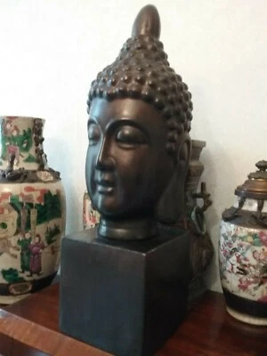 Grande tete de Bouddha japonais sur socle pat bronze 50 cm - Photo 1/4