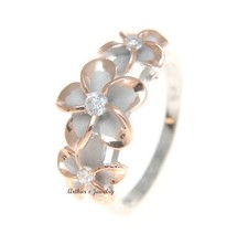 STERLING SILVER 925 HAWAIIAN 3 PLUMERIA FLOWER RHODIUM ROSE GOLD 2 TONE RING