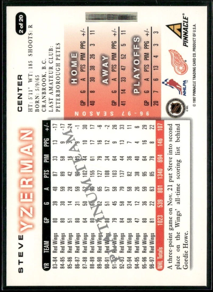 1997-98 Score Red Wings Platinum #2 Steve Yzerman - Image 2 of 2