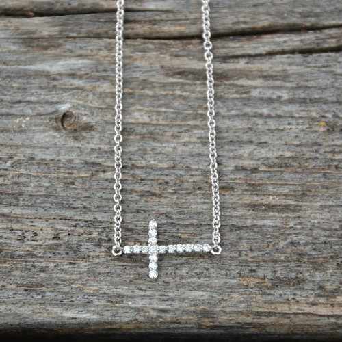 Sterling Silver 16" + 2" Rhodium-plated CZ Sideways Cross Necklace - 第 3/3 張圖片