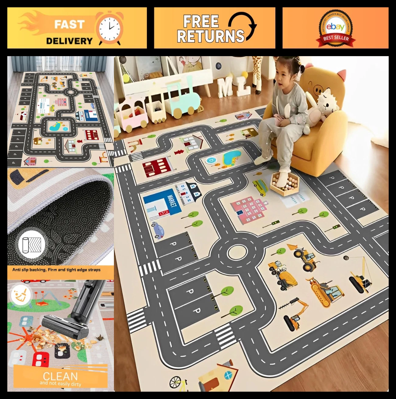 Kids Car Playmat Rug - Non-Slip Rubber Backing, City Road & Train Track Carpet (