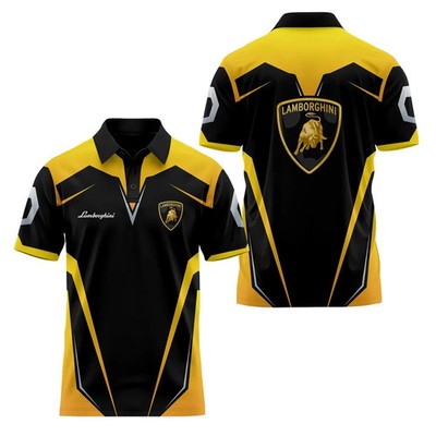 Custom Name Men's Lamborghini Black Yellow Sport Racing Team 3D Polo Shirt S-5XL