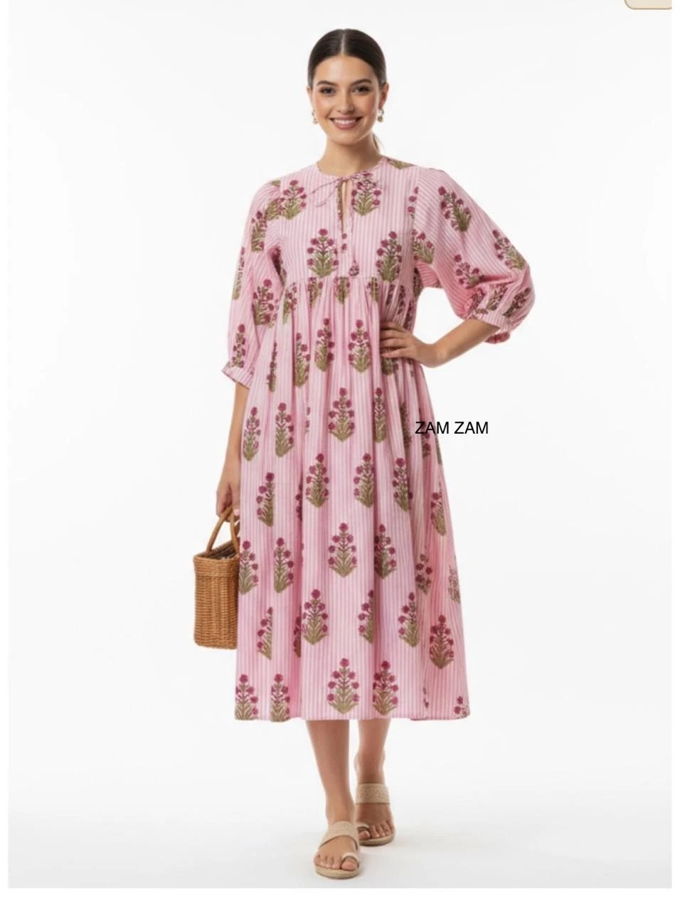 Indian Hand Block Printed Pink Floral Summer Dress, Beach Wear Printed Dress