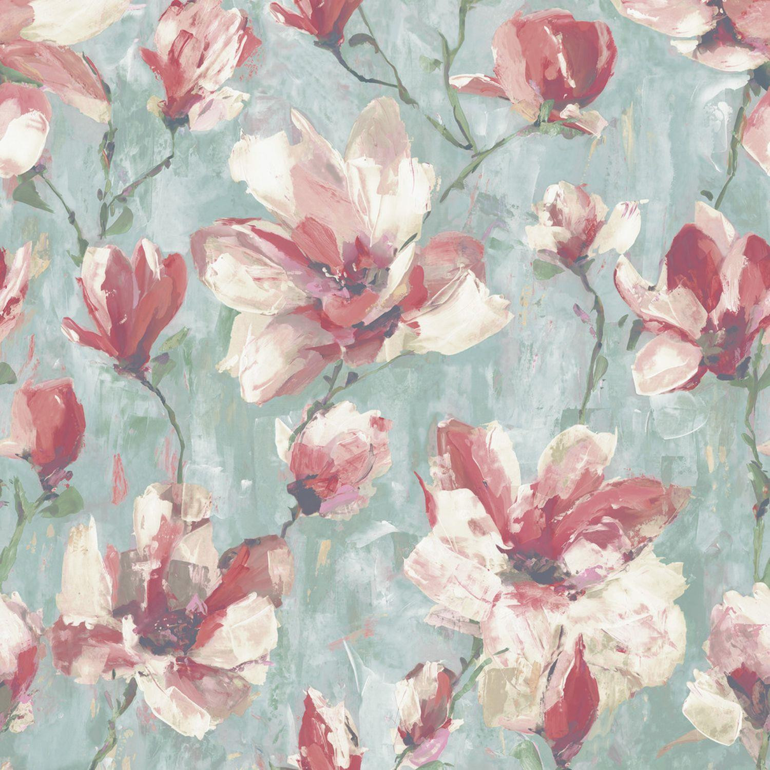 Grandeco Camilla Floral Oil Painting Textured Chalky Teal Pink Wallpaper - Image 2
