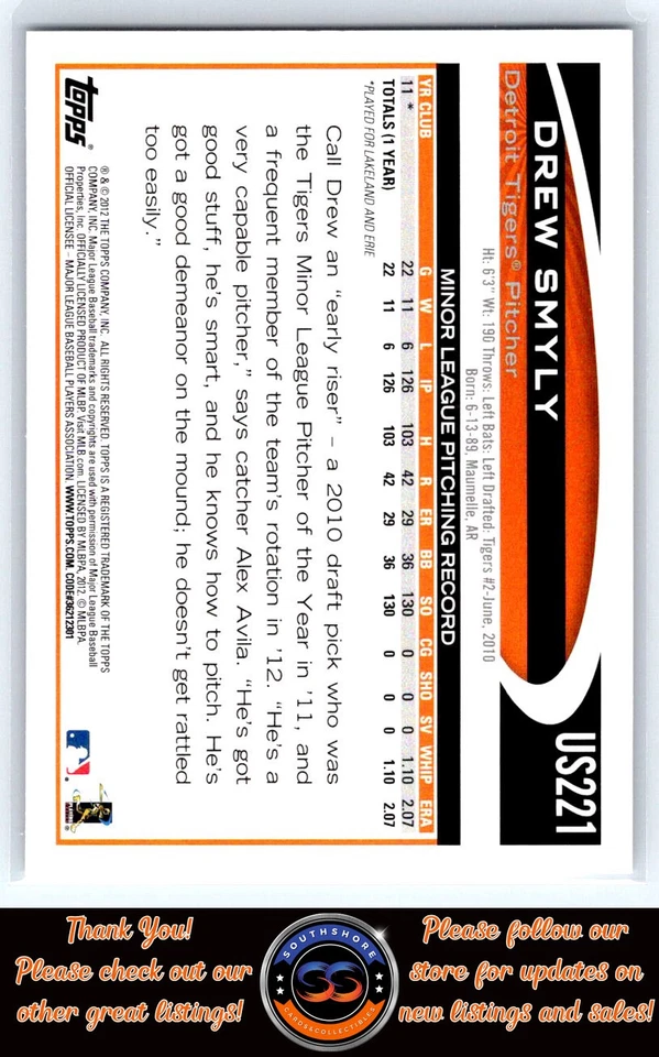 Drew Smyly Rookie 2012 Topps Update #US221 Detroit Tigers - Image 2 of 4