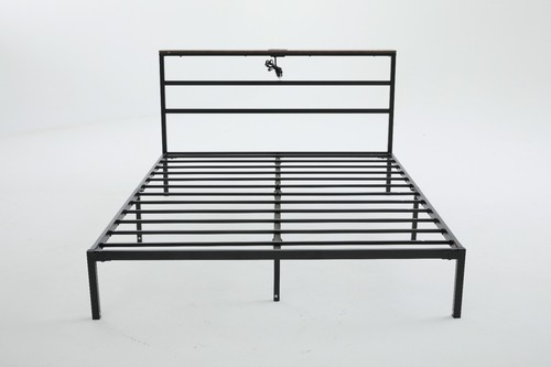 Full/Queen Size Metal Bed Frame with Storage Headboard, Charging Station and LED