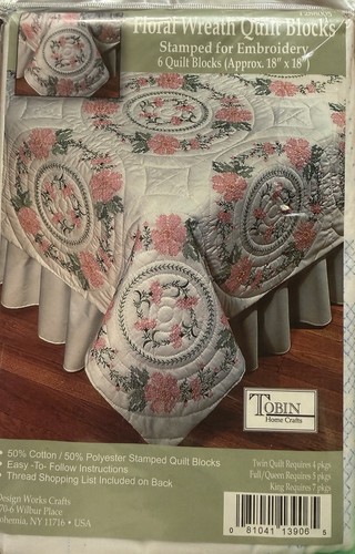 Tobin Quilt Stamped Linen Blocks Flowers Embroider Craft Kit Needlecrafts T28800