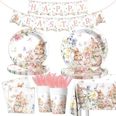 Easter Bunny Decorations-142Pcs Floral Bunny Tableware Happy Easter Plates and 