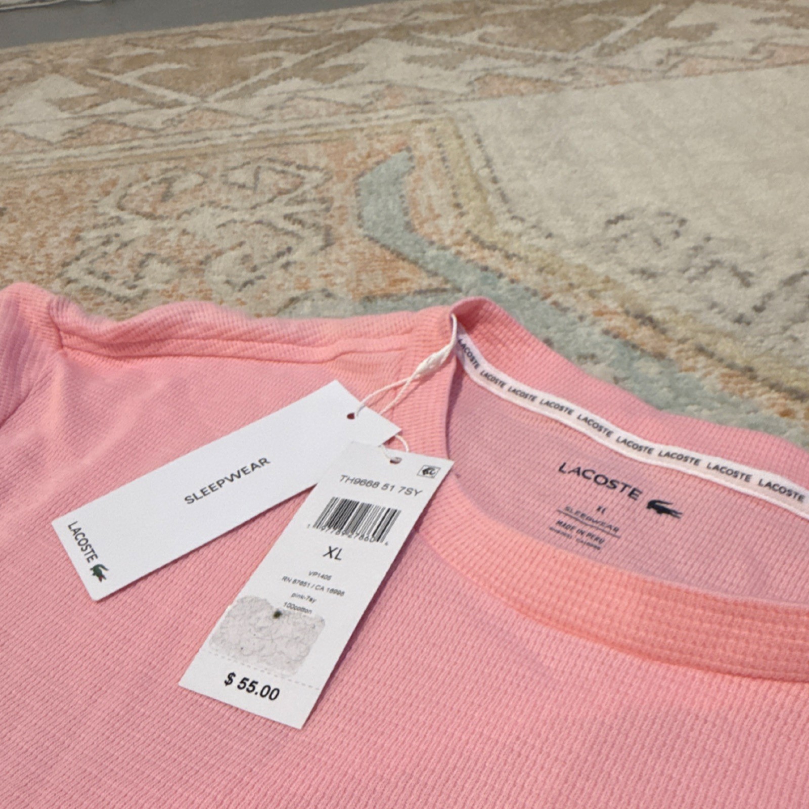 Lacoste Men's XL Pink Cotton Sleepwear Top Waffle Solid Logo Long Sleeve thumbnail 3