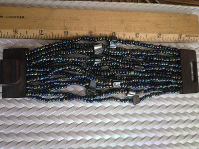 Women's Irridescent Black Blue Multi Strand Necklace Bracelet Set Wooden Clasp