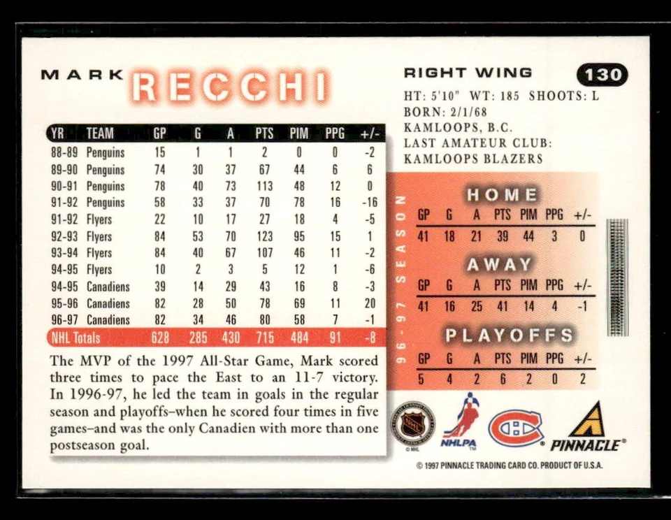 1997-98 Score - #130 Mark Recchi - Montreal Canadiens - Image 2 of 2