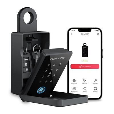 Populife Smart Fingerprint Lock Box for Keys with Code, Wireless Remote Acces...