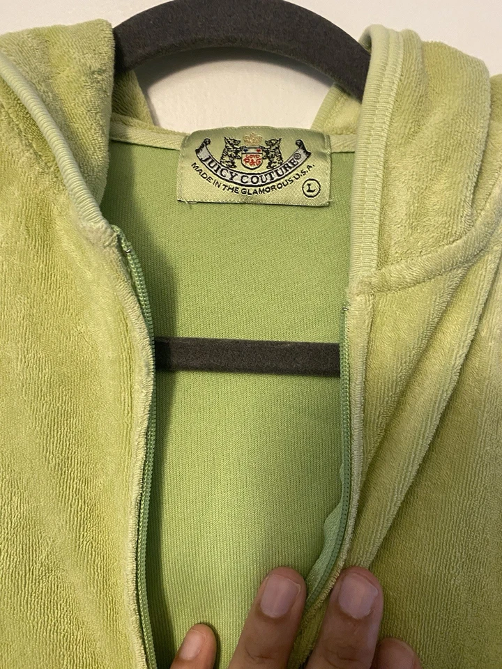 Juicy Couture Velour Hoodie Track Jacket Green Zip Up Size L Y2K Vintage Logo - Image 3 of 4