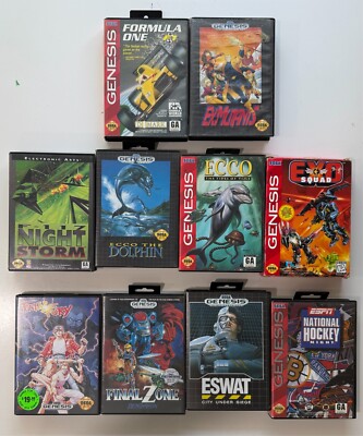 SEGA Genesis Boxed Games Lot - Exo Squad, Final Zone, ESwat, Ecco the Dolphin