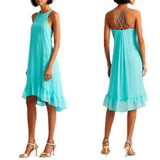 Ralph Lauren Size 0 Blue Eyelet Sleeveless Shift Dress Pullover High Low NEW B36