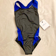 NEW-DOLFIN 1 Piece Racing Racerback Swimsuit-Black/Royal Blue-7707S-Size 24