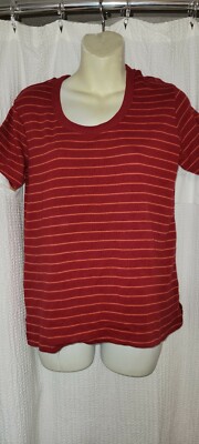 Women's Large (12/14) Brick Red Striped Short Sleeve 100% Cotton Top-Comfy!