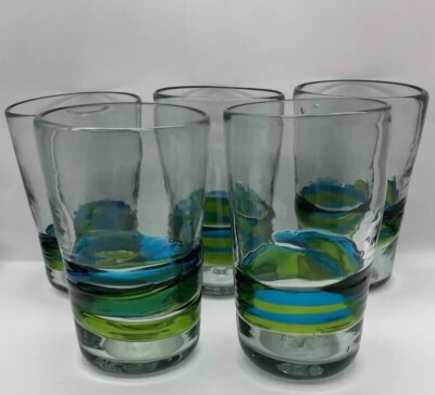 5 Hand Blown Art Glass Drinking Tumblers 16 oz Cobalt Blue Aqua Green Rings EXC