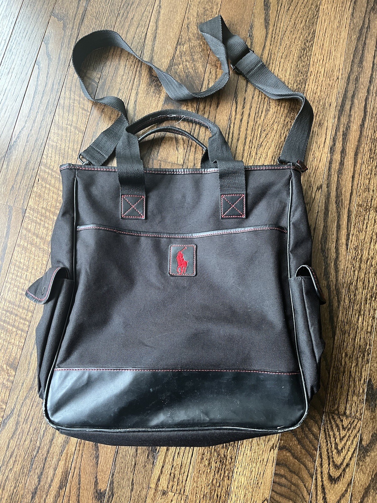 Polo Ralph Lauren tote bag grande pony nero rosso tela ricamata vintage anni 90