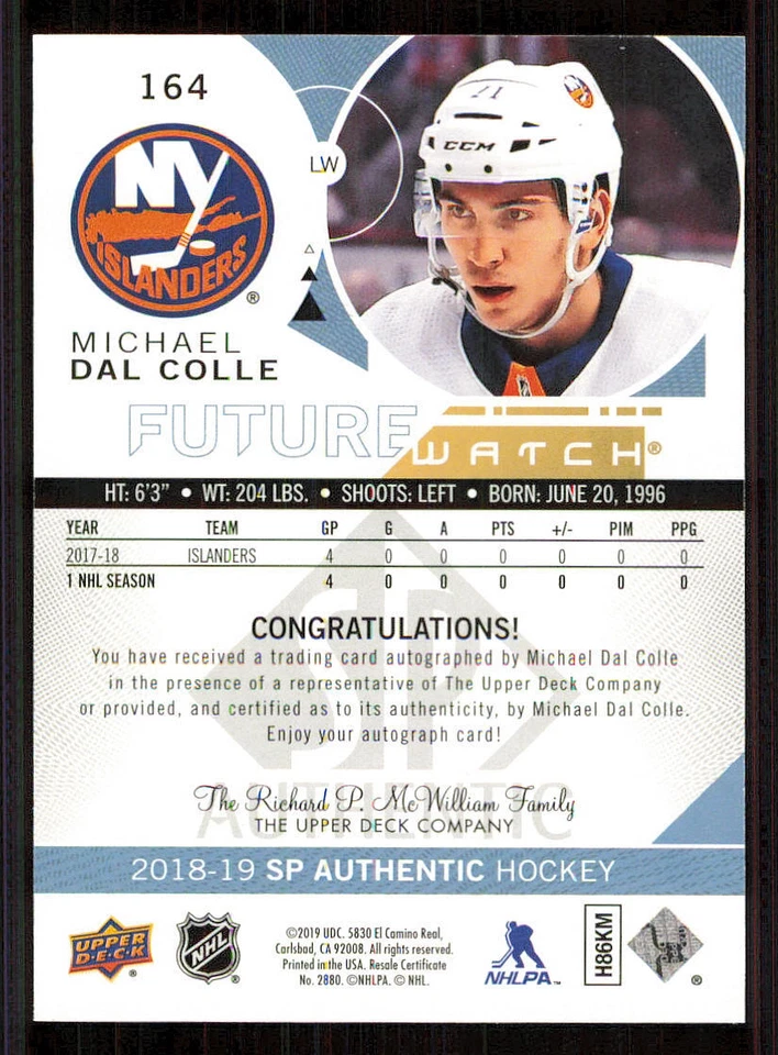 2018-19 SP Authentic #164 Michael Dal Colle FW AU/949* RC /999 - Image 2 of 2