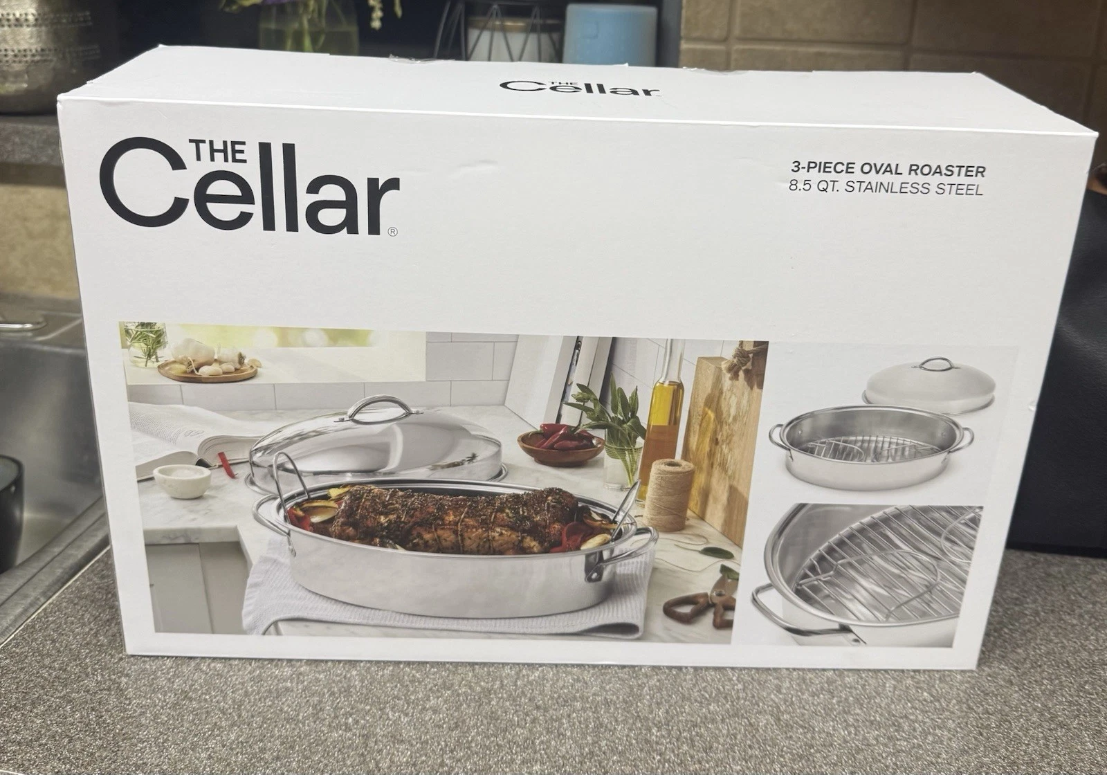 NEW in Box Oval Roaster 8.5 Qt Stainless Steel Dishwasher Safe Rack (3) piece
