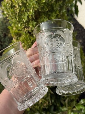 Gorgeous Crystal Clear Fleur de Lis Glass Mugs 4.75  Tall Set Of 3