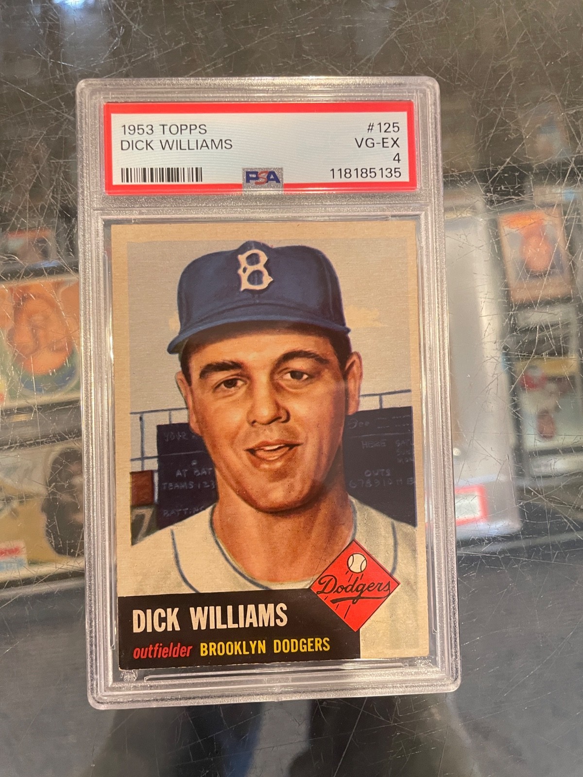 1953 TOPPS #125 DICK WILLIAMS BROOKLYN DODGERS BASEBALL CARD PSA 4 VG/EX