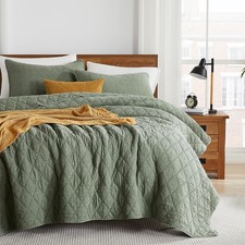 Palassio Olive Green Queen Size Quilt Set Muslin Cotton Shell Down-Alt Poly