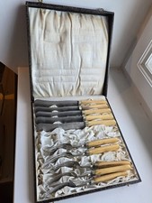 Besteck Kasten A. Eckert M&uuml;nchen Messer Gabeln versilbert Horngriffe Box