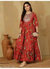 Women Rayon Printed Anarkali Gown Kurta Round Neck 3/4 Sleeve Ethnic Dress S-5Xl