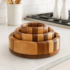 Set of 3 Handmade Bi-Colored Striped Wood Nesting Bowls Home Decor MCM