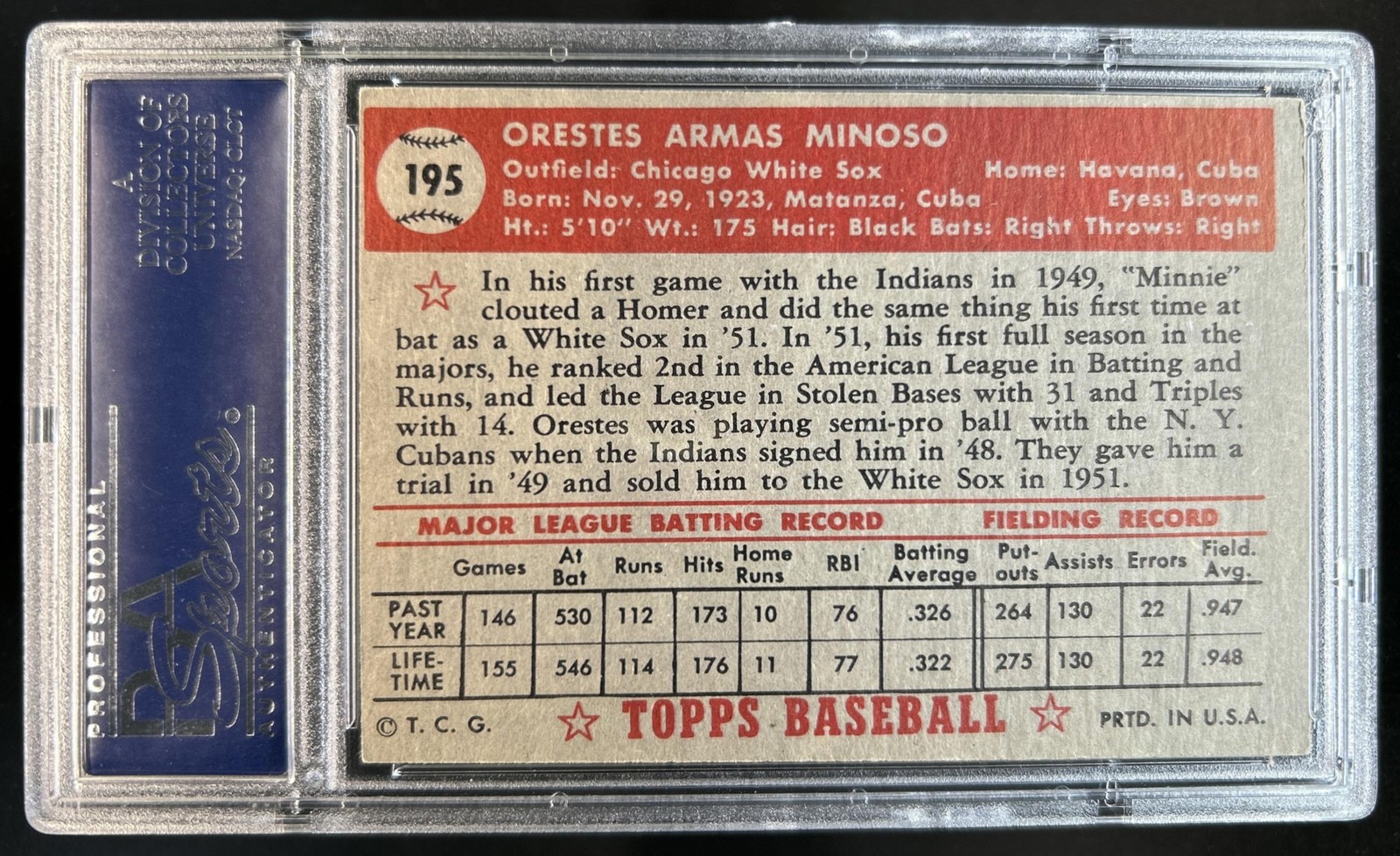 1952 Topps Orestes Minoso Rookie UER RC #195 White Sox PSA 6 view 2