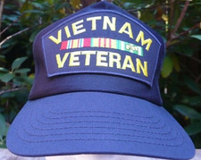 Vtg. Vietnam Veteran Ribbon US Military Patched Blue Snapback Hat Made in USA