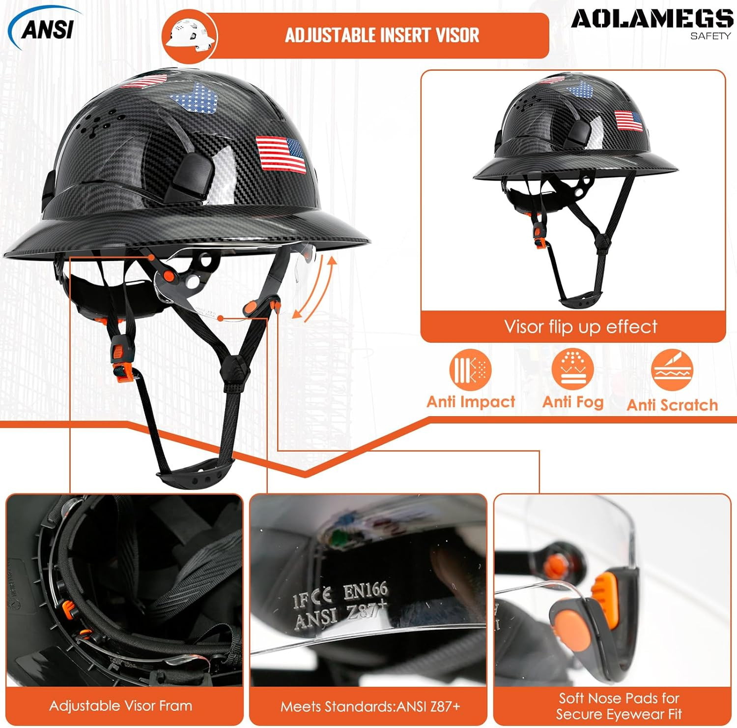 Carbon Fiber Pattern Full Brim Hard Hat with Visor-Osha Approved Construction