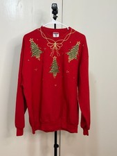 Vintage Jerzees USA Red Christmas Sweatshirt XL   Glitter Trees  Bow